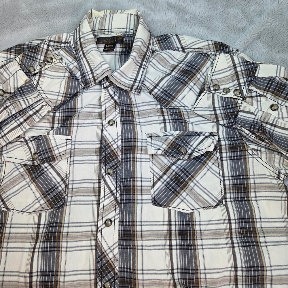 Helix Western Pearl Snap Shirt Mens Large White Black Plaid Studded 100% Cotton‎